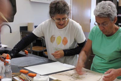 Two women mounting herbarium specimens