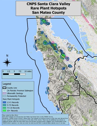 map showing san mateo county rare plant hotspots