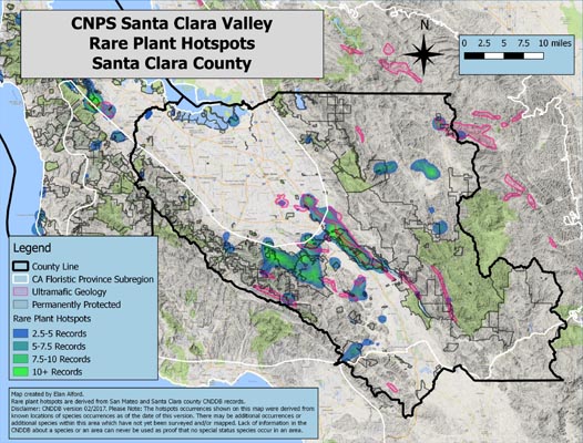 map showing santa clara county rare plant hotspots